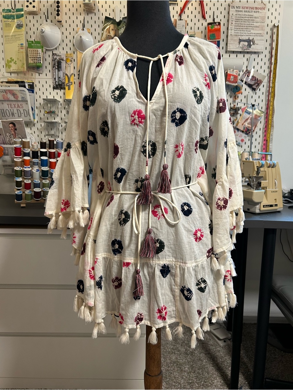 Roller Rabbit Cream Poncho style top with Pink & Navy print